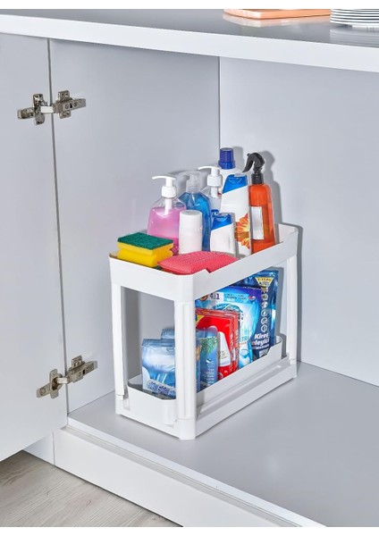 Plastik Iki Katlı Dolap Içi/tezgah Üstü Fonksiyonel Organizatör Beyaz