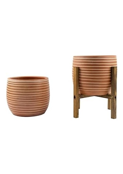 Tasarımı Ev Dekorasyon Yan Çizgi Desenli Terrakota Toprak Saksı Saksılık Salon Çiçeklik Ikili Set Ayaksız - 4 Ayaklı- 15 cm fiyatları