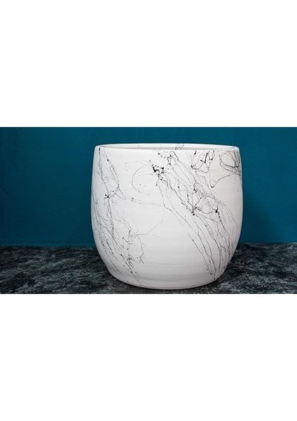 Tasarımı Ev Dekorasyon Aksesuar Beyaz Üzeri Siyah Mermer Efektli Toprak Saksı Saksılık Salon Çiçeklik - 19 cm fiyatları