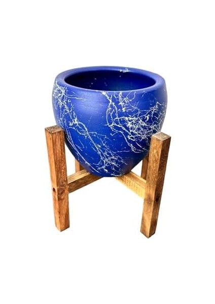 Tasarımı Ev Dekorasyon Lacivert Üzeri Beyaz Mermer Efektli Toprak Saksı Saksılık Salon Çiçeklik 4 Ayaklı - 15 cm fiyatları