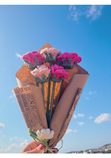 El Yapımı Örgü Gül Buketi – Pembe ve Açık Pembe Tığ Işi Çiçek Aranjmanı, Solmayan Kalıcı Hediye fırsatları