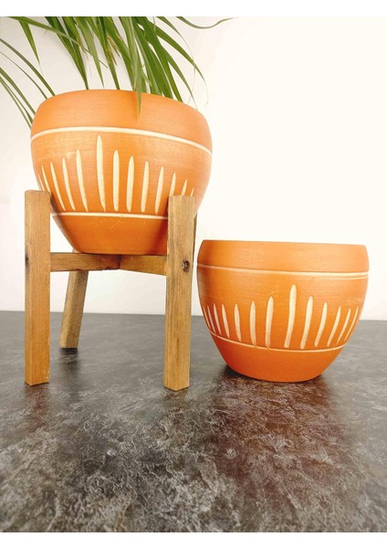 Tasarımı Ev Dekorasyon Dik Çizgi Desenli Terrakota Toprak Saksı Saksılık Salon Çiçeklik Ikili Set Ayaksız - 4 Ayaklı- 15 cm