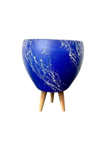 Tasarımı Ev Dekorasyon Lacivert Üzeri Beyaz Mermer Efektli Toprak Saksı Saksılık Salon Çiçeklik 3 Ayaklı - 15 cm fiyatları