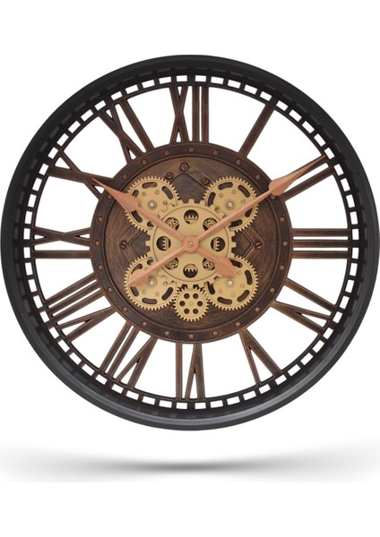 Mark Premium Serisi Antik Eskitme Şeffaf Kadranlı Döner Çarklı 50 Santimetre Ev ve Ofis Duvar Saati, Roma Rakamlı, Siyah