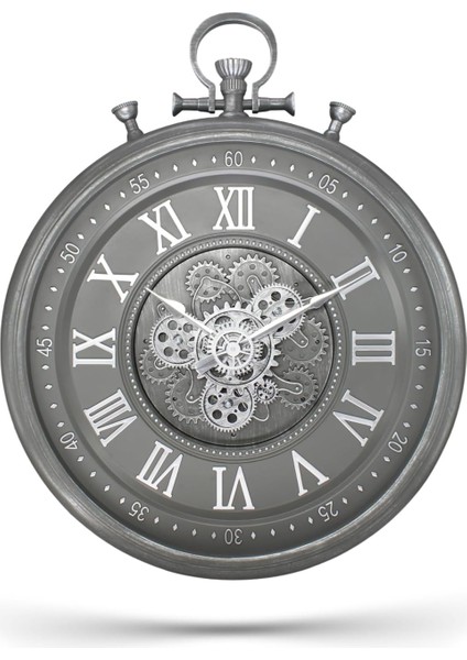 Mark Premium Serisi Antik Eskitme Kadranlı Döner Çarklı 60 Santimetre Köstekli Ev ve Ofis Duvar Saati, Roma Rakamlı, Gri