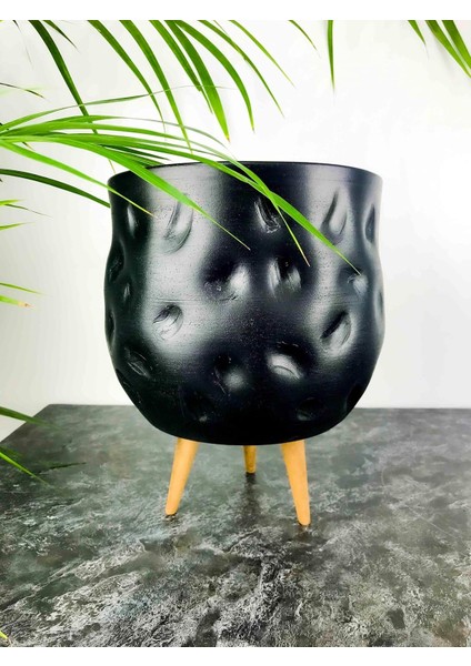 Tasarımı Ev Dekorasyon Aksesuar Siyah Desenli Toprak Saksı Saksılık Salon Çiçeklik 3 Ayaklı - 19 cm