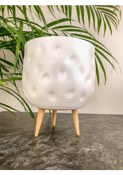 Tasarımı Ev Dekorasyon Aksesuar Beyaz Desenli Toprak Saksı Saksılık Salon Çiçeklik 3 Ayaklı - 19 cm