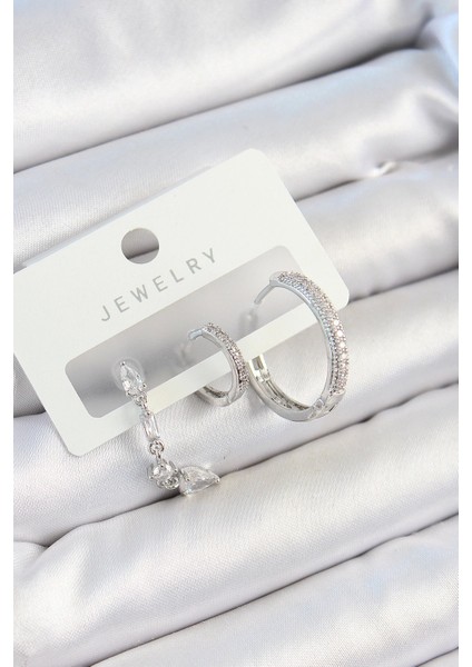 Bfs Pirinç Zirkon Taşlı Sallantılı Model Gümüş Renk 3'lü Çift Kadın Küpe Set