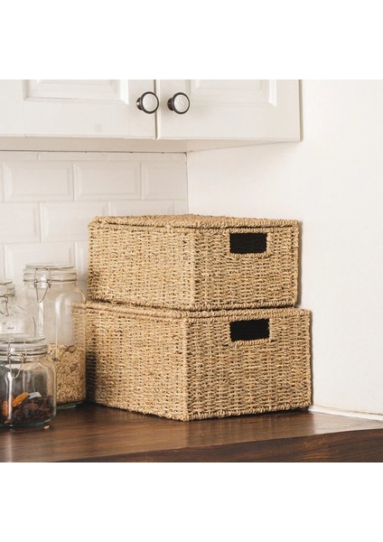 Dekoratif Natural Seagrass 3'lü Set Kapaklı Dikdörtgen Hasır Sepet Düzenleyici fiyatları