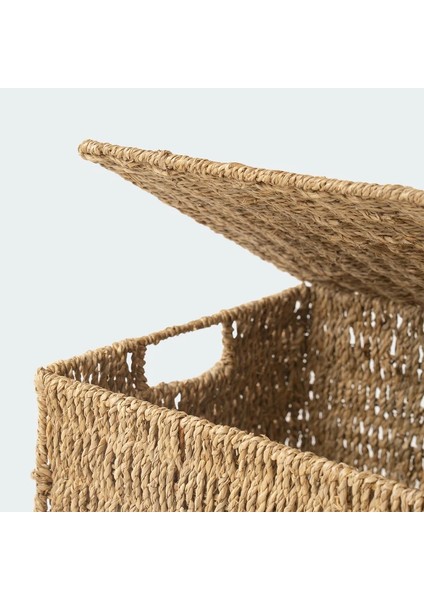 Dekoratif Natural Seagrass 3'lü Set Kapaklı Dikdörtgen Hasır Sepet Düzenleyici