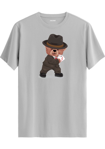 Poker Kartlı Ayı Baskılı Regular Uniseks Tişört %100 Pamuk Kumaş