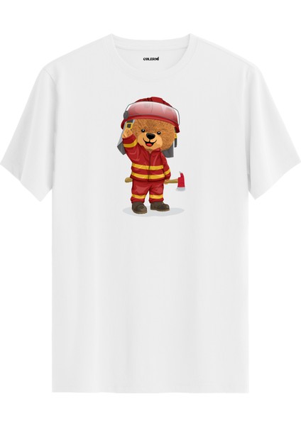 Itfaiyeci Ayı Kırmızı Baskılı Regular Uniseks Tişört %100 Pamuk Premium Kumaş