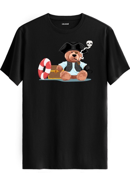 Korsan Ayı Baskılı Regular Uniseks Tişört %100 Pamuk Kumaş