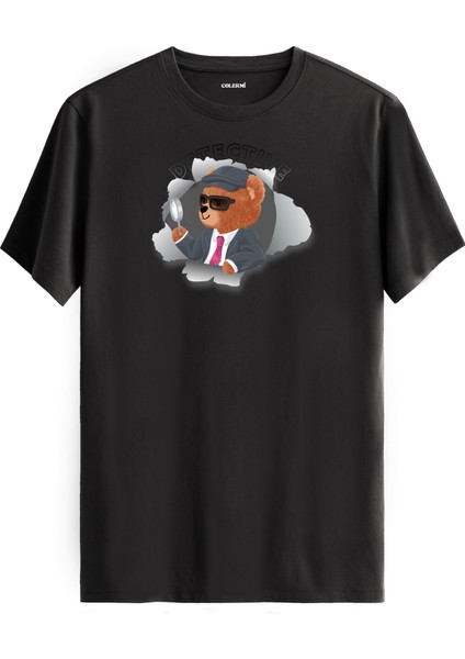 Dedektif Ayı Baskılı Regular Uniseks Tişört %100 Pamuk Premium Kumaş