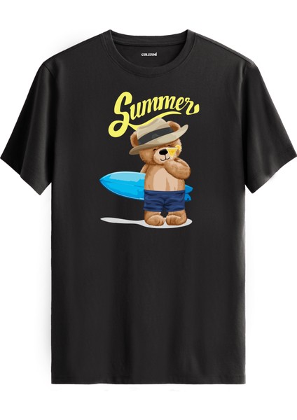 Summer Ayı Baskılı Regular Uniseks Tişört %100 Pamuk Premium Kumaş