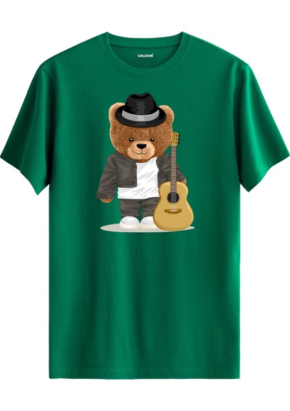 Gitarist Ayı Baskılı Regular Uniseks Tişört %100 Pamuk Kumaş