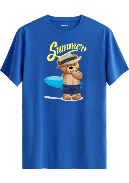 Summer Ayı Baskılı Regular Uniseks Tişört %100 Pamuk Premium Kumaş
