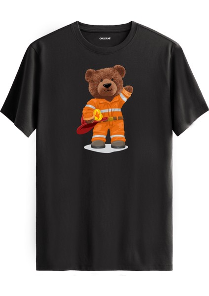 Itfaiyeci Ayı Baskılı Regular Uniseks Tişört %100 Pamuk Premium Kumaş