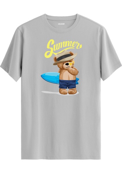 Summer Ayı Baskılı Regular Uniseks Tişört %100 Pamuk Premium Kumaş