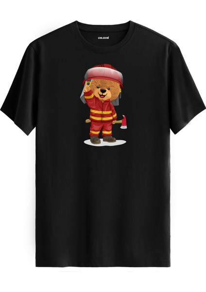 Itfaiyeci Ayı Kırmızı Baskılı Regular Uniseks Tişört %100 Pamuk Premium Kumaş