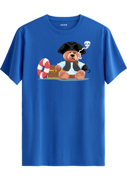 Korsan Ayı Baskılı Regular Uniseks Tişört %100 Pamuk Kumaş