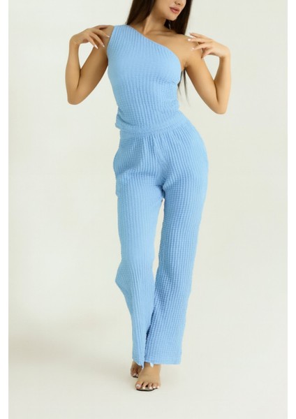 Tek Omuz Gofre Pantolon Crop Ikili Takım