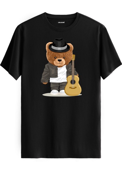 Gitarist Ayı Baskılı Regular Uniseks Tişört %100 Pamuk Kumaş