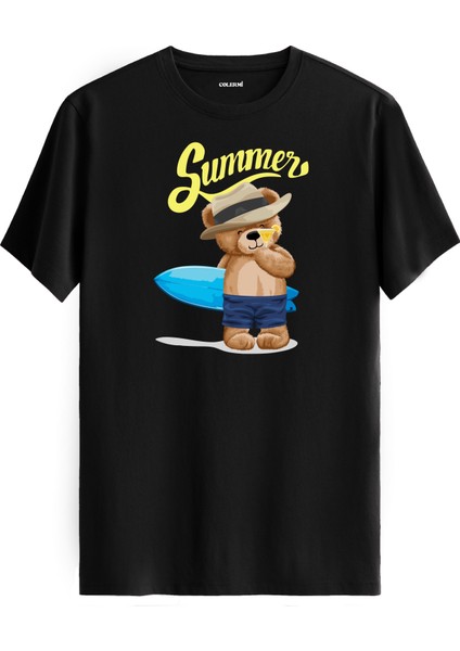 Summer Ayı Baskılı Regular Uniseks Tişört %100 Pamuk Premium Kumaş