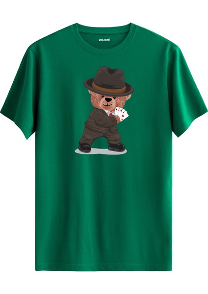 Poker Kartlı Ayı Baskılı Regular Uniseks Tişört %100 Pamuk Kumaş