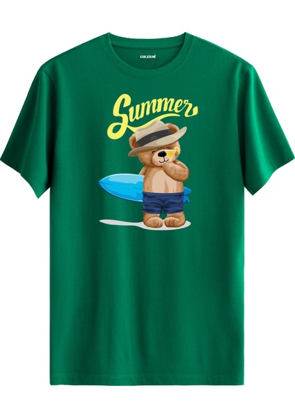 Summer Ayı Baskılı Regular Uniseks Tişört %100 Pamuk Premium Kumaş