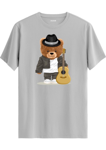 Gitarist Ayı Baskılı Regular Uniseks Tişört %100 Pamuk Kumaş