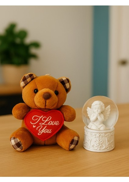 Sevimli Mini Peluş Ayıcık ve Mini Melek Kar Küresi Set Kahverengi fiyatları