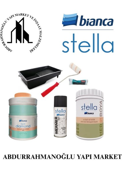 Stella Boya 5 Parçalı Set ( 1lt Boya - Liquid Diamond - Boya Tavası - Stella Efekt Sprey - Kadife Rulo )