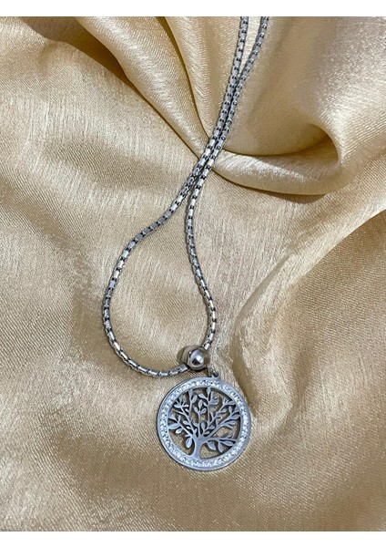 Gümüş Renkyaşam Ağacı Etrafı Taşçelik Kolye fiyatları