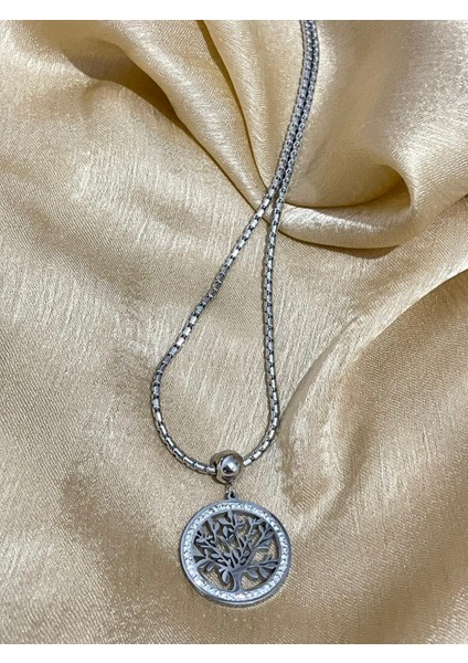 Gümüş Renkyaşam Ağacı Etrafı Taşçelik Kolye modelleri