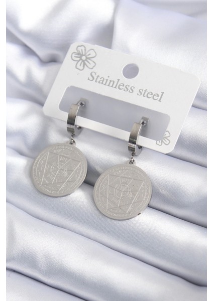 Bfs 316L Çelik Gümüş Renk Pentagram Işleme Model Kadın Küpe