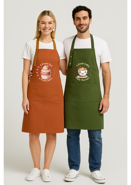 Kumaş Mutfak Önlüğü Seti 2'li Leke Tutmaz Su Itici %65 Pamuk %35 Polyester Cupcake & Coffee Şef Önlük