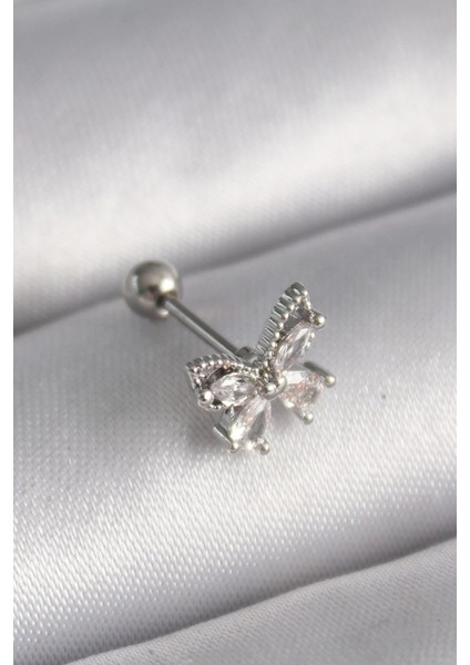 Bfs 316L Çelik Gümüş Renk Zirkon Taşlı Kelebek Tragus Piercing