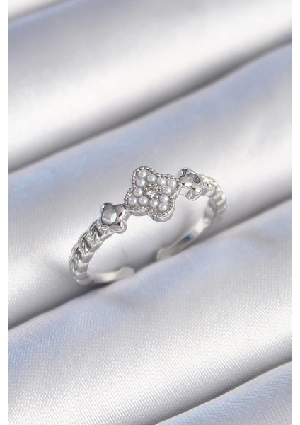 Bfs Pirinç Gümüş Renk Incili Yonca Model Zirkon Taş Detaylı Kadın Yüzük