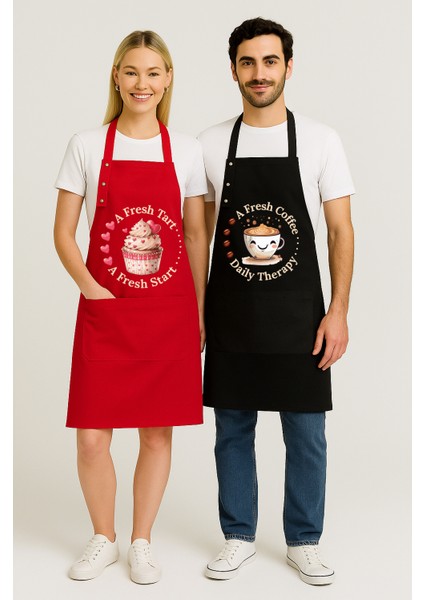 Kumaş Mutfak Önlüğü Seti 2'li Leke Tutmaz Su Itici %65 Pamuk %35 Polyester Cupcake & Coffee Şef Önlük