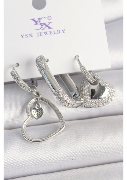 Bfs Pirinç Gümüş Renk Sallantı Zirkon Taşlı Kalp Model 3'lü Kadın Kombin Küpe