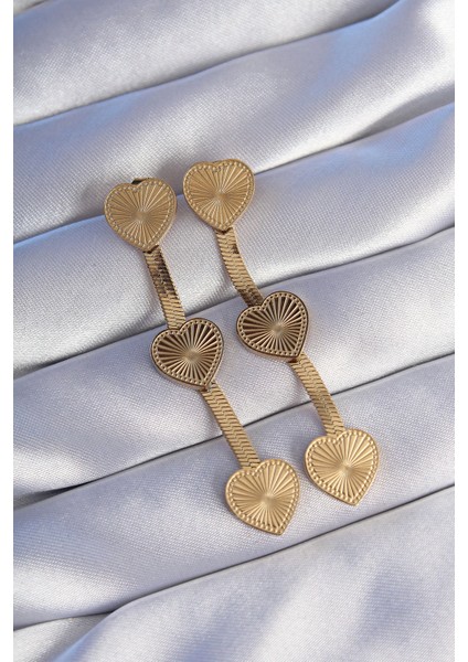 Bfs 316L Çelik Gold Renk Uzun Italyan Zincir Detaylı Kalp Küpe