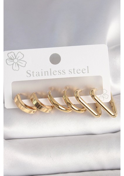 Bfs 316L Çelik Gold Renk Üçgen Halka Model Kadın Küpe Seti