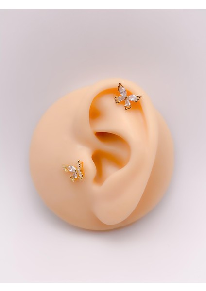 Cerrrahi Çelik Piercing ( Pirsing ) Zirkon Damla Taşlı Kelebek Tragus Helix Piercing (1ADET)