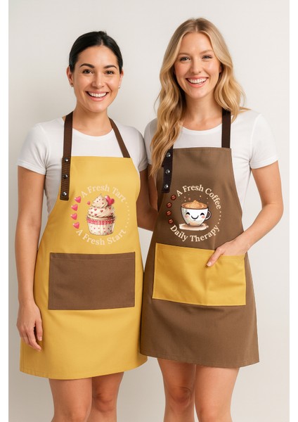 Kumaş Mutfak Önlüğü Seti 2'li Leke Tutmaz Su Itici %65 Pamuk %35 Polyester Cupcake & Coffee Şef Önlük