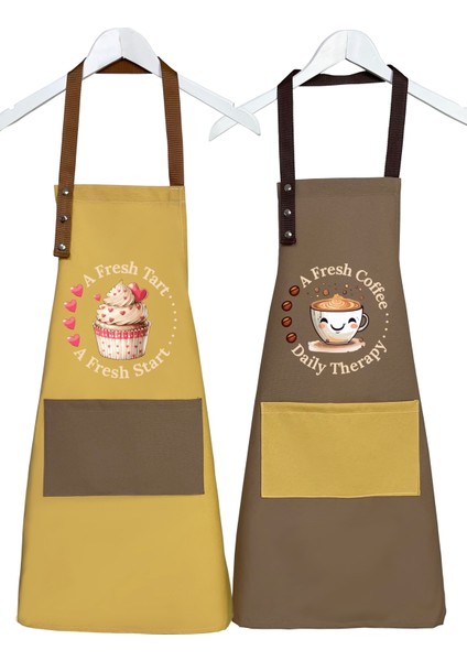 Kumaş Mutfak Önlüğü Seti 2'li Leke Tutmaz Su Itici %65 Pamuk %35 Polyester Cupcake & Coffee Şef Önlük fiyatları