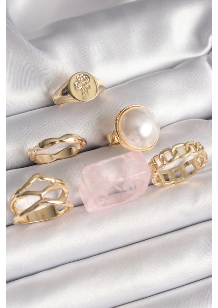 Bfs Pirinç Gold Renk Daire 3D Incili Figür Zincir Model Gül Işleme Detaylı 6'lı Kadın Yüzük Seti