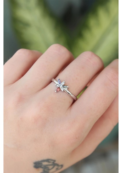 Bfs Pirinç Gümüş Renk Ayarlanabilir Renkli Zirkon Taşlı Yusufçuk Yüzük