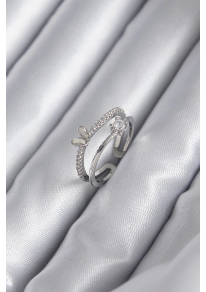 Bfs Pirinç Gümüş Renk Zirkon Taşlı Kelebek Model Kadın Yüzük