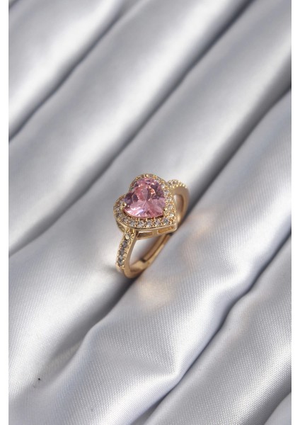 Bfs Pirinç Gold Renk Pembe Zirkon Taşlı Charm Kalp Model Kadın Yüzük